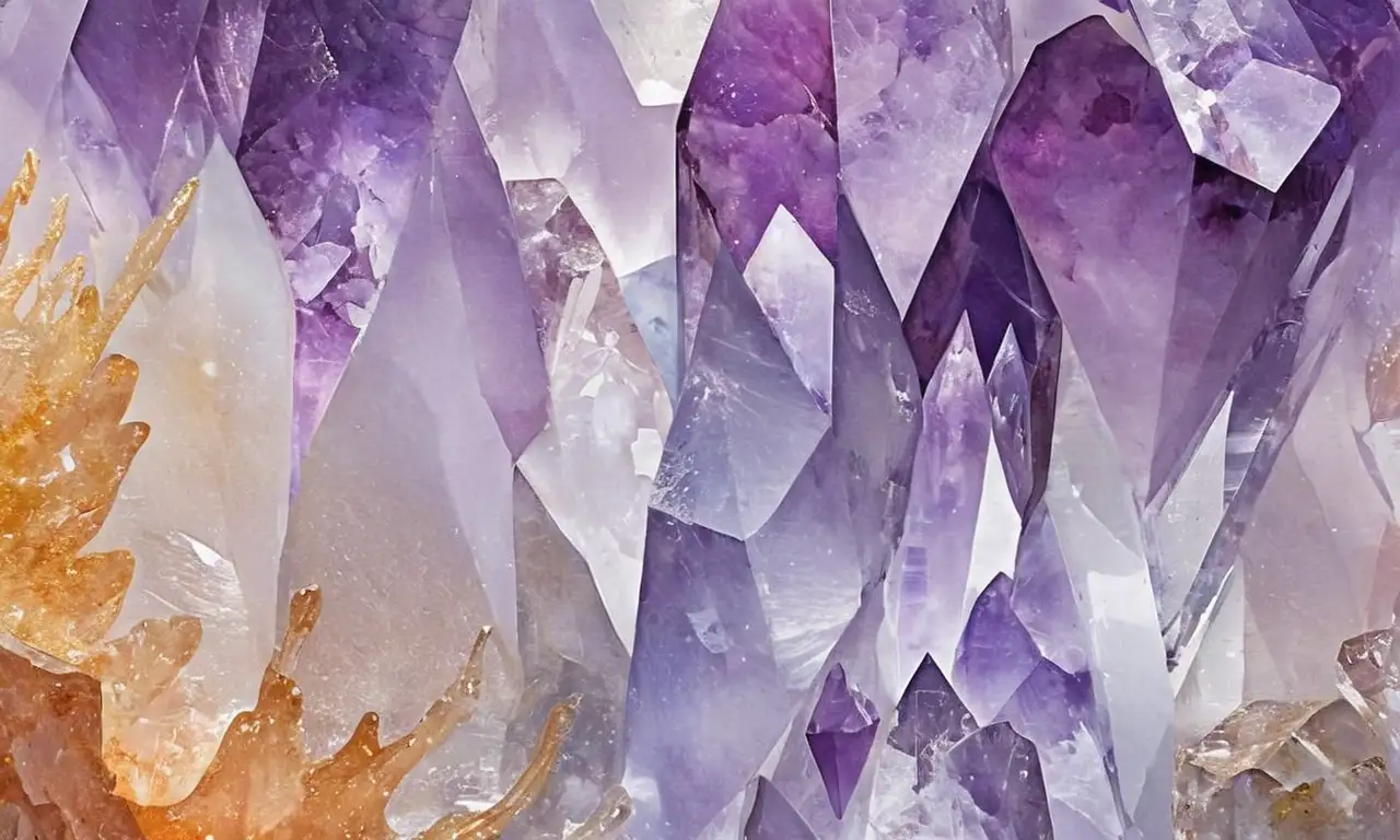 Cristales de cuarzo brillantes con facetas intrincadas y colores vibrantes crean una escena etérea
