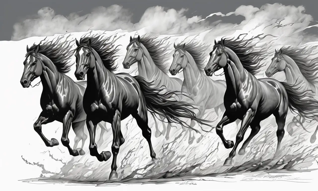 Caballos agresivos galopan en un paisaje caótico y oscuro, evocando tensión y lucha