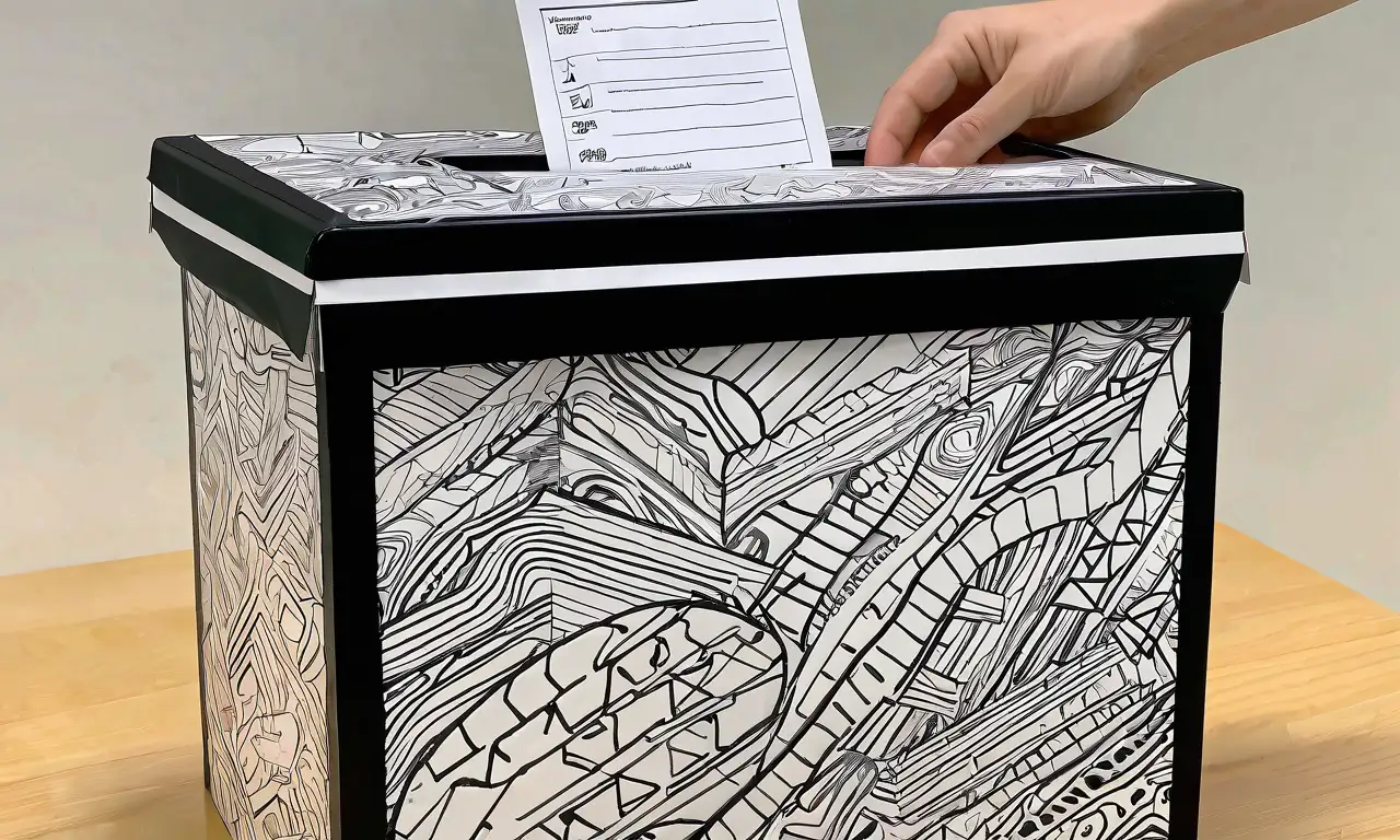Un ballot box con líneas audaces y sombras suaves refleja la urgencia y conexión entre votantes en medio de un caos expresivo