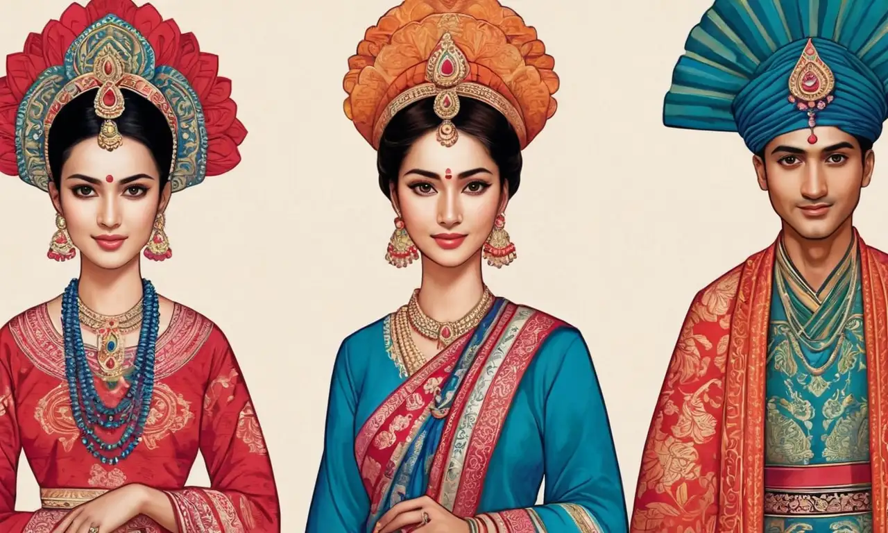 Intrincados diseños y colores vibrantes representan vestimentas tradicionales con un equilibrio armónico