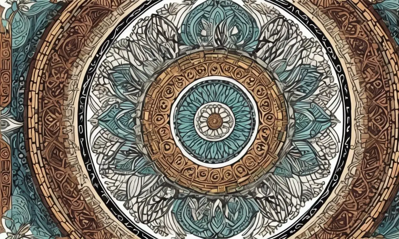 Rueda circular colorida con símbolos animales, patrones armoniosos y un mandala central
