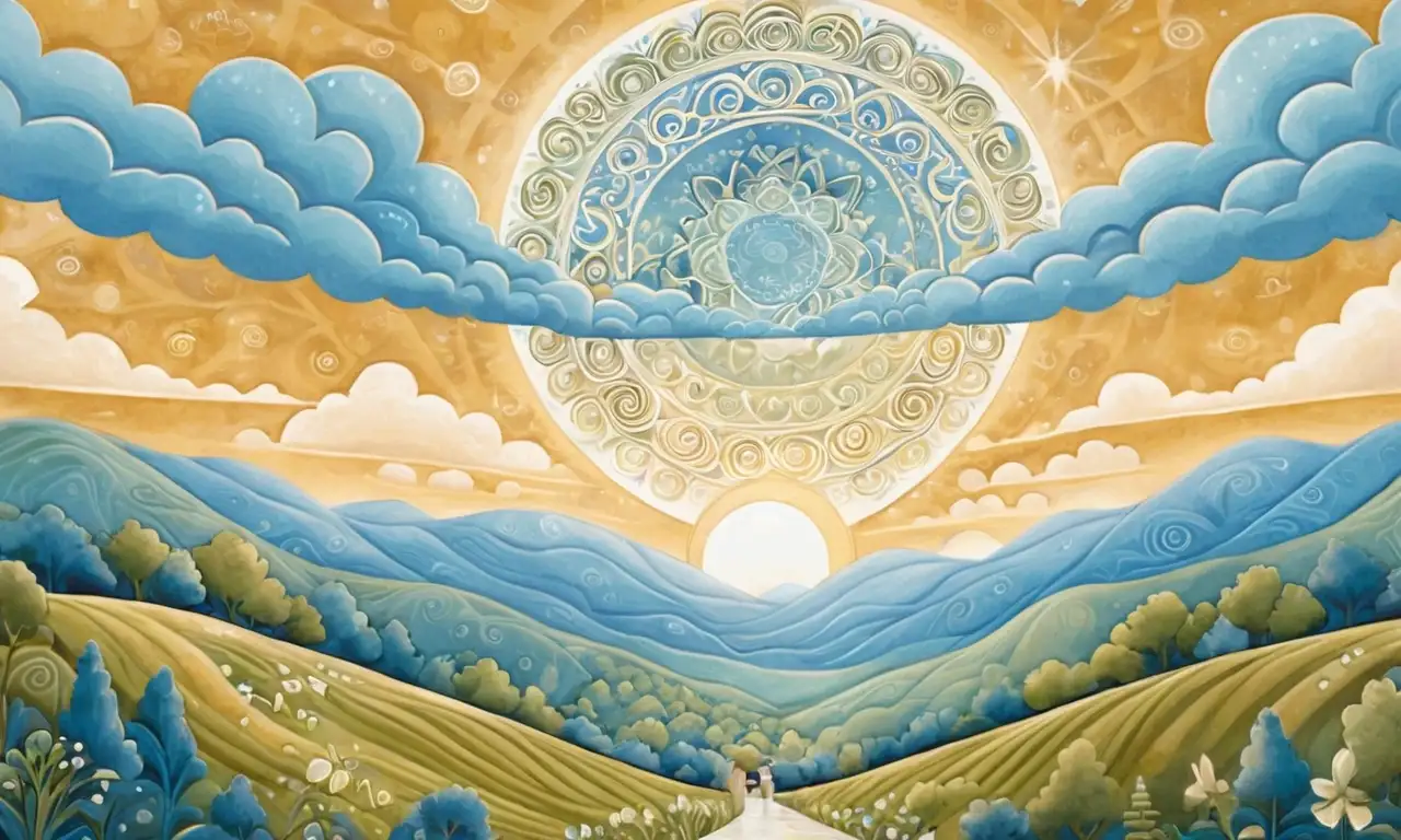 Escena vibrante con armonía de colores, símbolos de oración y conexión divina