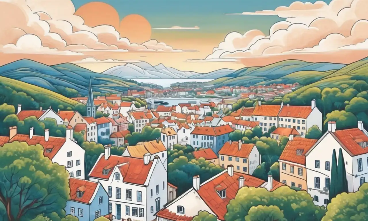 Paisajes daneses vibrantes y detallados, con juego de luces, sombras y texturas en arquitectura y naturaleza