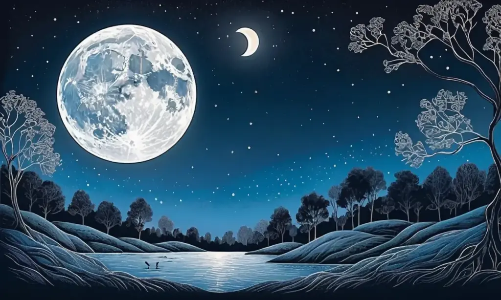 Una luna circular con suaves gradientes y una mujer serena rodeada de estrellas y ramas de sauce