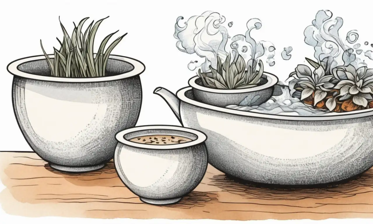 Unas macetas detalladas rodeadas de vapor, ingredientes y texturas crean una composición equilibrada y tranquila
