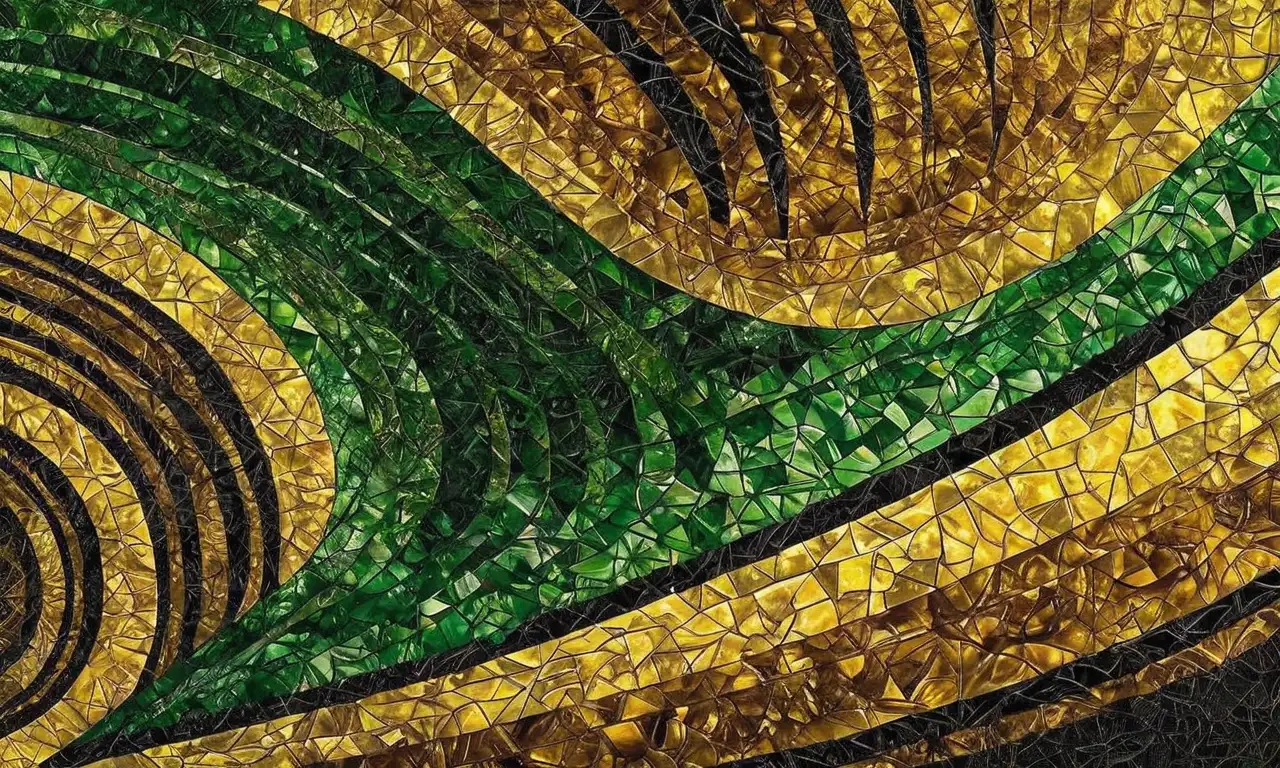 Composición de un tigre de ojo con verdes y dorados vibrantes, patrones intrincados, contraste agudo y textura delicada