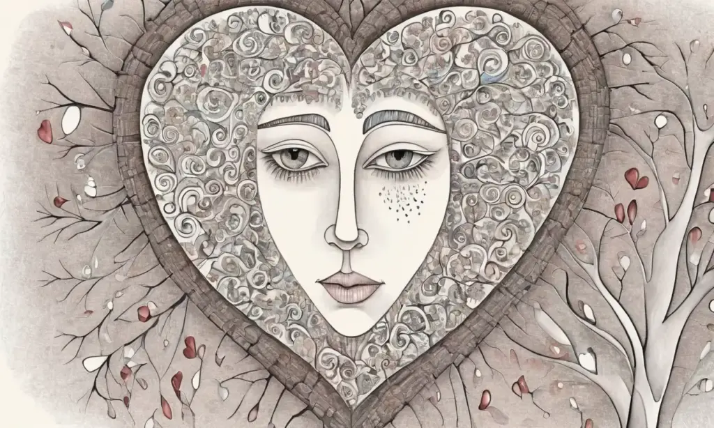 Un corazón roto rodeado de flores vibrantes y sombras profundas evoca sanación y esperanza