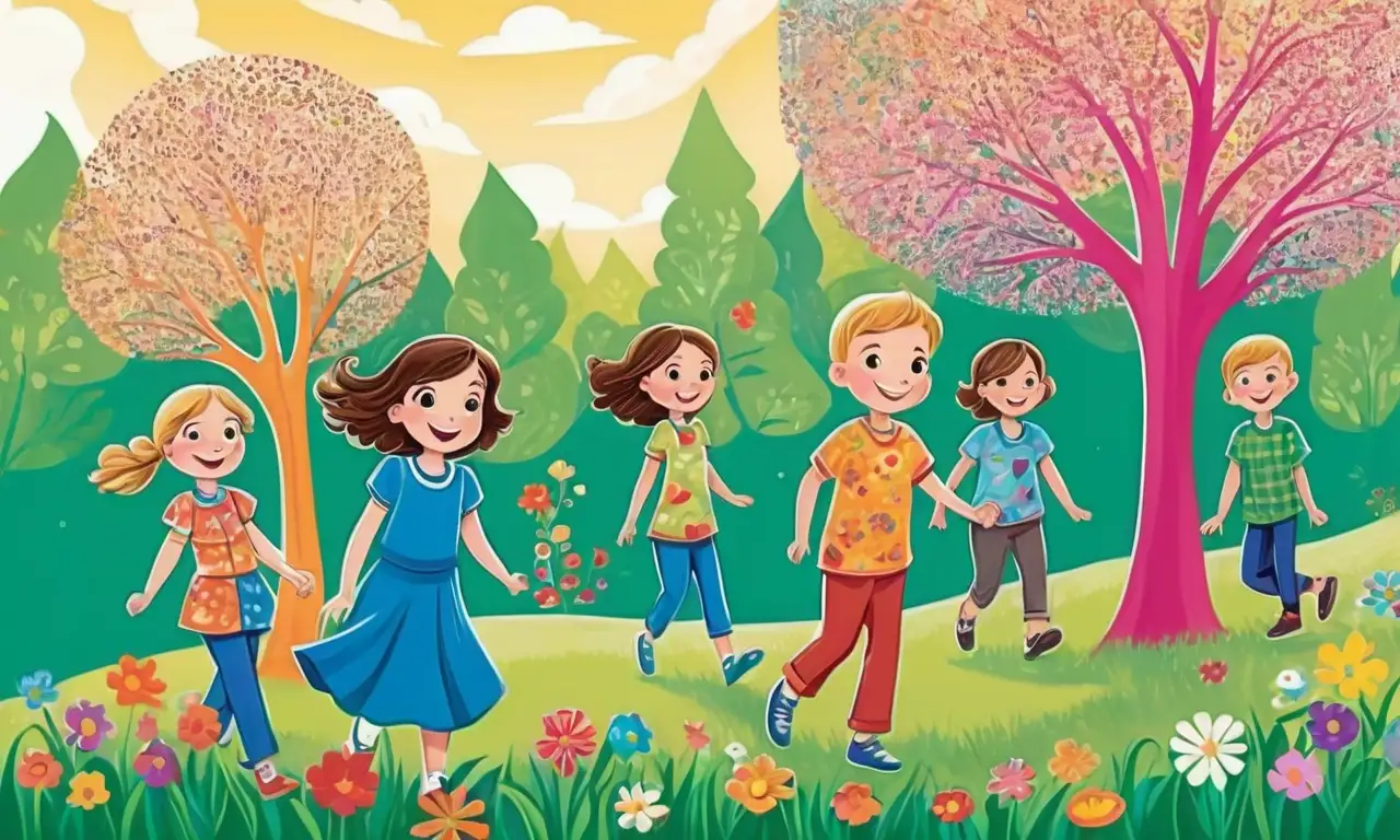 Una escena infantil vibrante y dinámica con colores brillantes, figuras seguras y detalles juguetones
