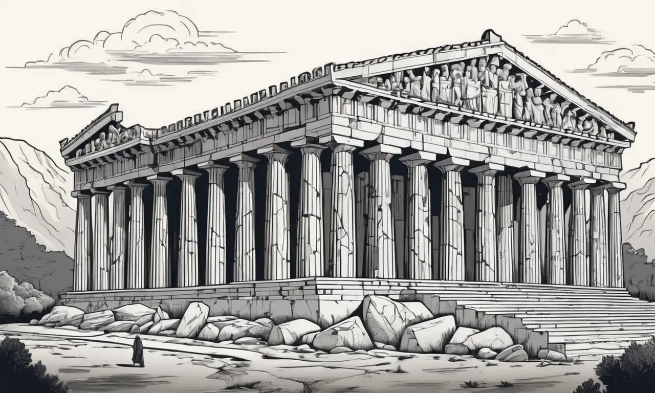Las líneas y texturas representan la complejidad de la arquitectura, la política y las filosofías de Atenas y Esparta