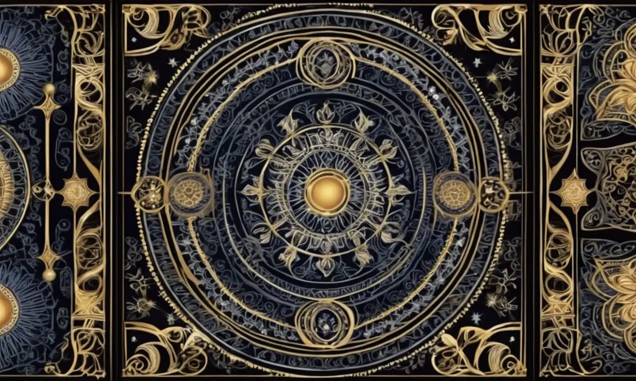Brillante diseño etéreo de amuletos en un fondo celeste con sombras profundas y toques dorados