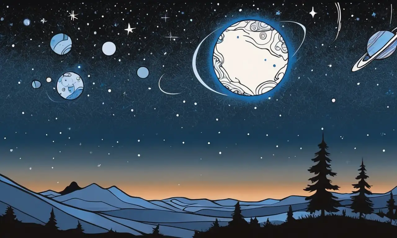 Una composición celeste que combina líneas bold, planetas texturizados y estrellas brillantes en armonía