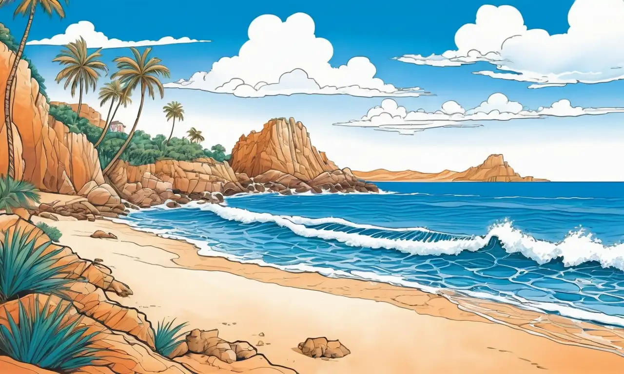 Escena vibrante de playas, olas y mercados llenos de vida