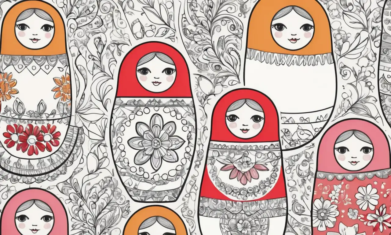 El arte presenta muñecas Matryoshka con detalles intrincados, colores vibrantes y una composición armoniosa que evoca tradición y calidez