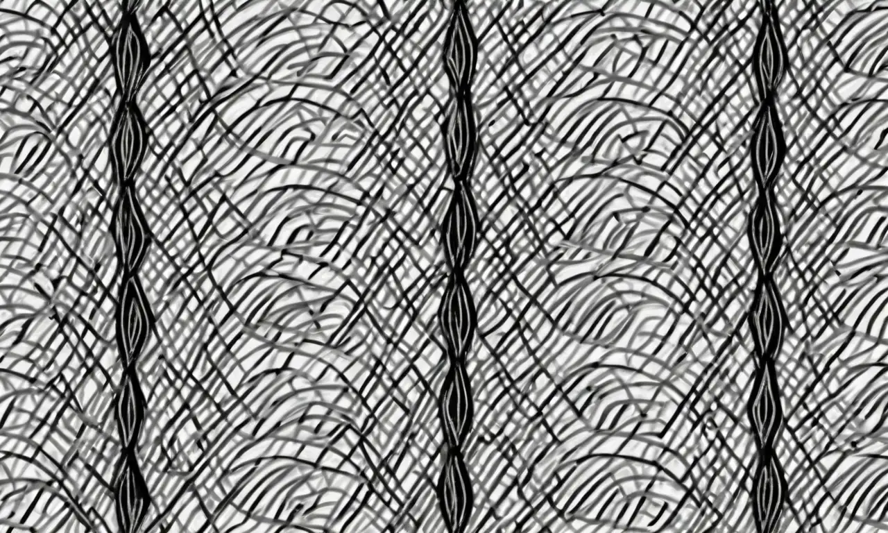 Un intrincado trabajo de líneas y texturas crea una composición equilibrada con profundidad y ritmo