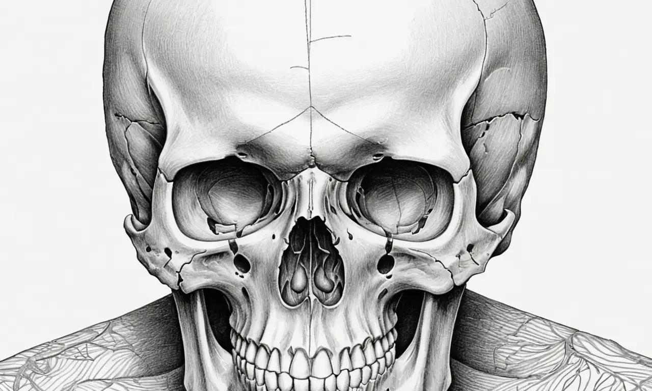 Un dibujo a lápiz muestra un cráneo con detalles texturizados y un realismo vívido