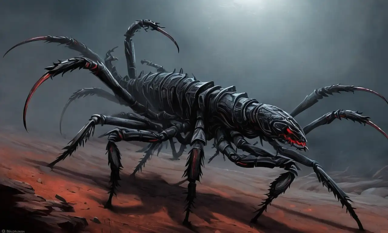 Scorpiones ominosos rodeados de sombras y texturas caóticas evocan peligro