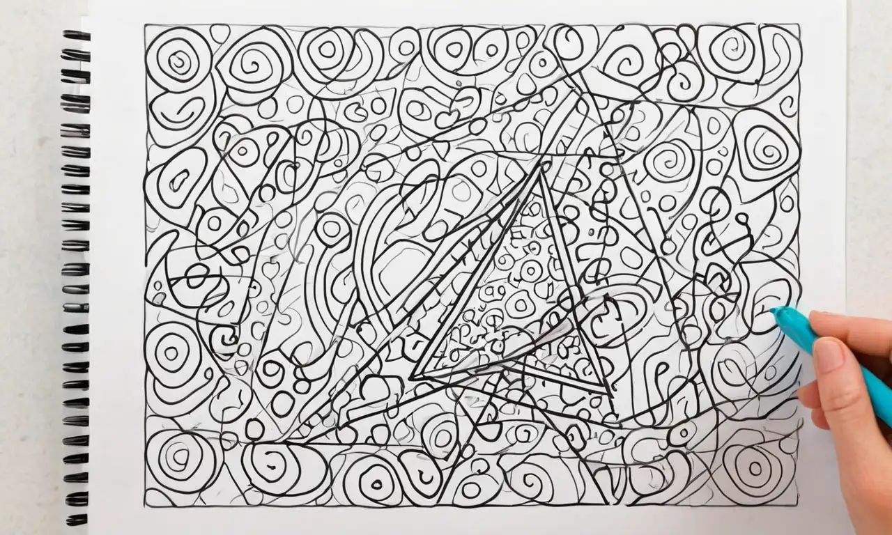 Una composición geométrica con contornos, sombras, colores vibrantes y texturas que destacan diferentes figuras y conceptos