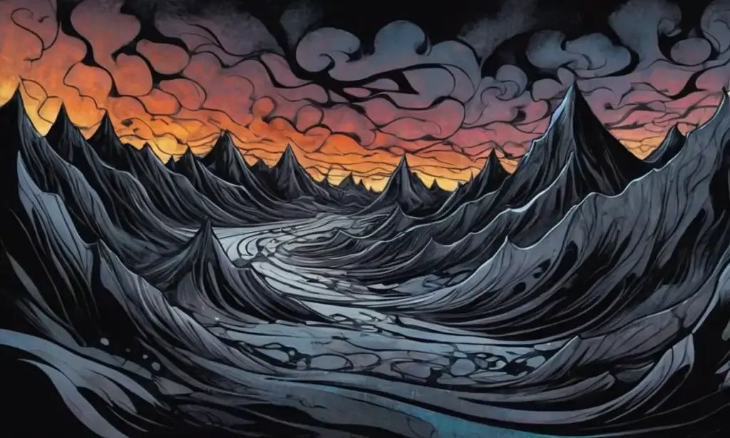 Nubes oscuras y sombras contrastantes crean una composición emocional y caótica