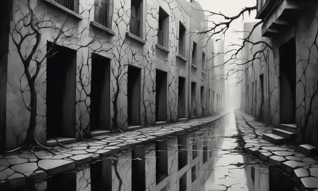 Un callejón oscuro y caótico con sombras ominosas y detalles artísticos