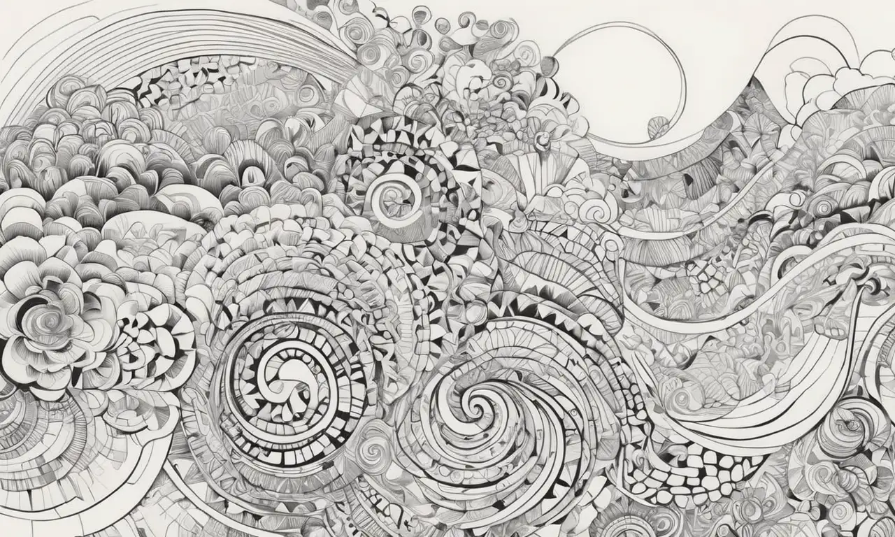 Un dibujo vibrante y complejo que combina sombras, líneas fluidas y colores diversos para expresar creatividad y espontaneidad