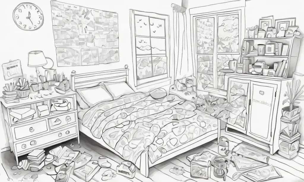 Un pequeño dormitorio desordenado refleja una lucha por la independencia a través de detalles vibrantes y caóticos