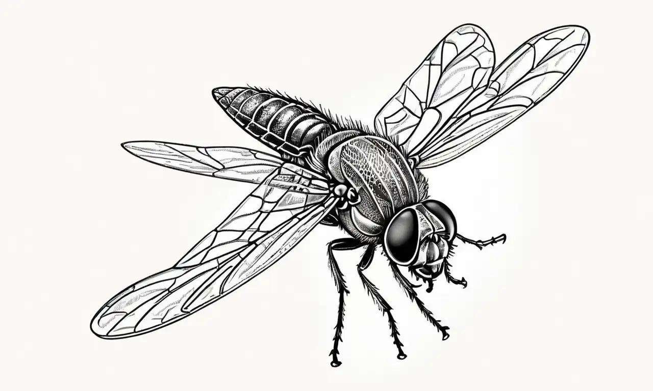 Un delicado dibujo de una mosca resalta con alas traslúcidas y detalles intrincados en un fondo suave