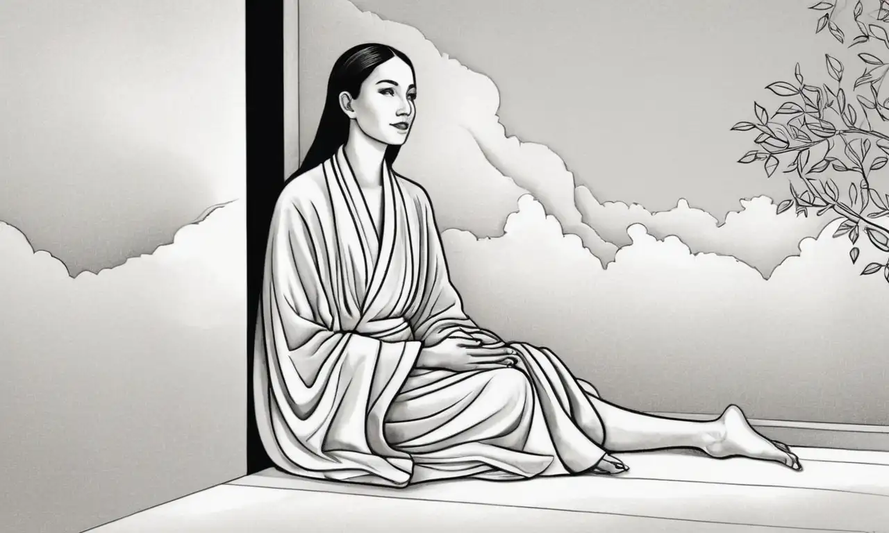 Una figura serena en meditación rodeada de elementos que irradian calma y sabiduría