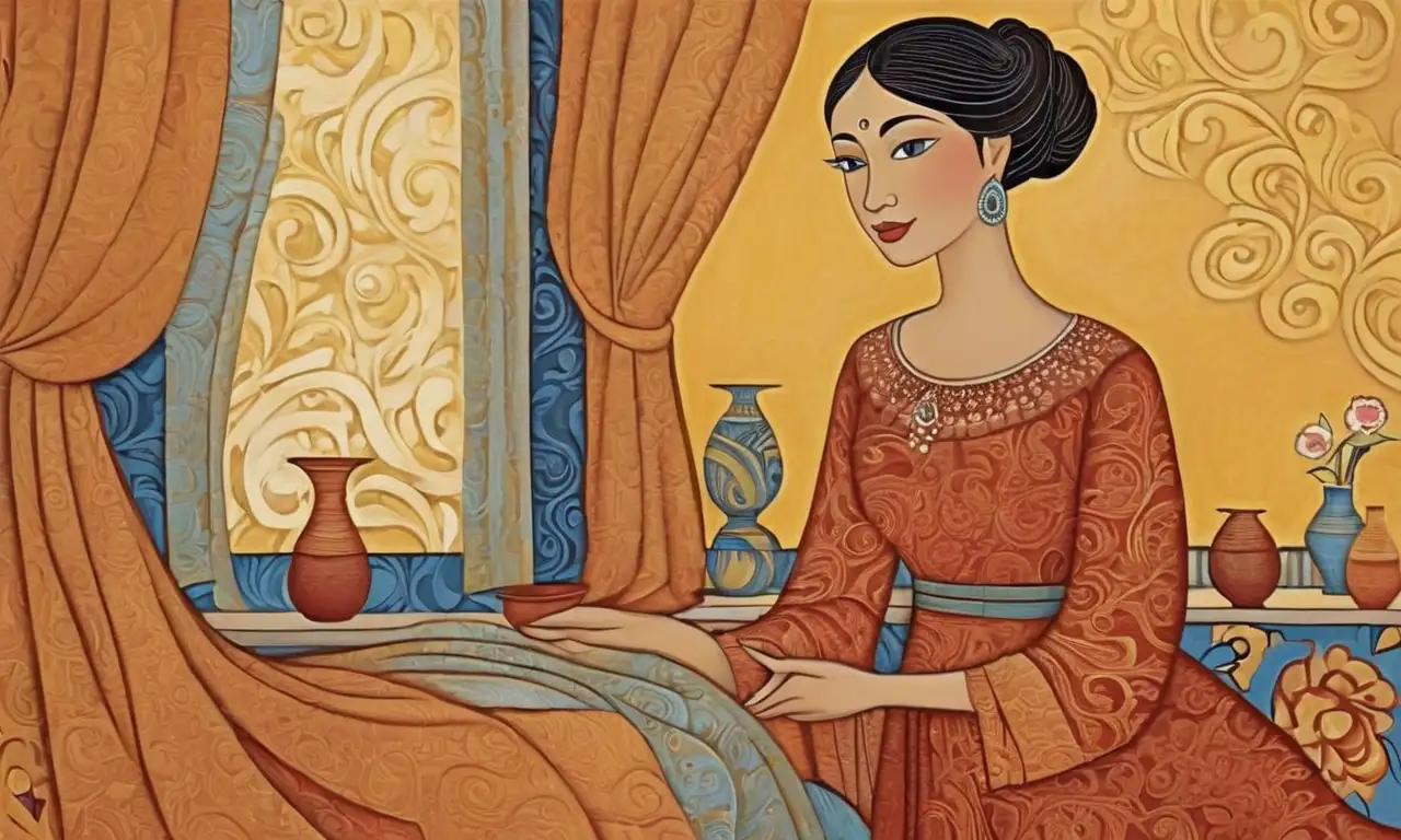 Un sereno retrato se define por suaves líneas, cálidos matices y vibrantes colores en un fondo armonioso