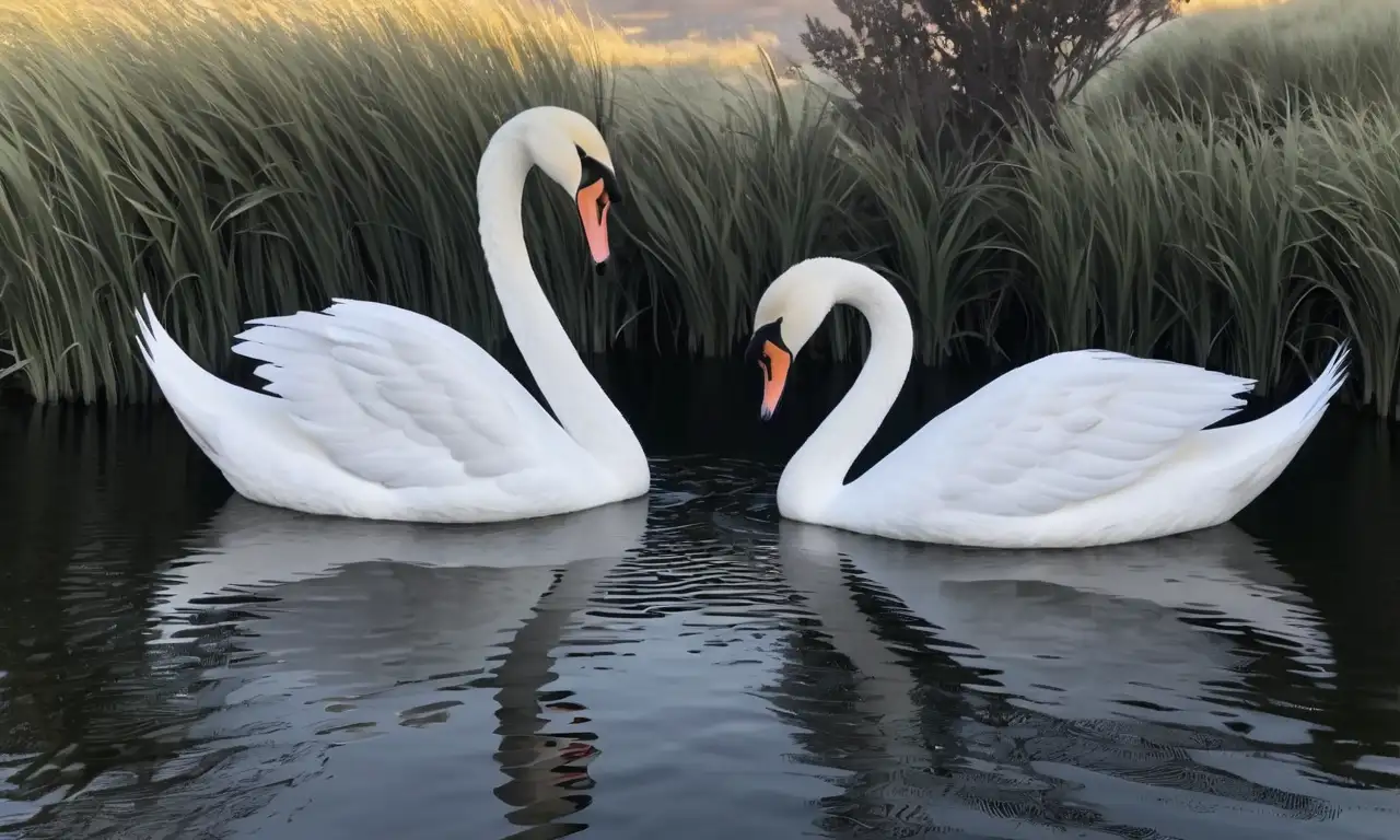 Cisnes elegantes en armoniosa composición, con luces y sombras que resaltan su pureza y serenidad