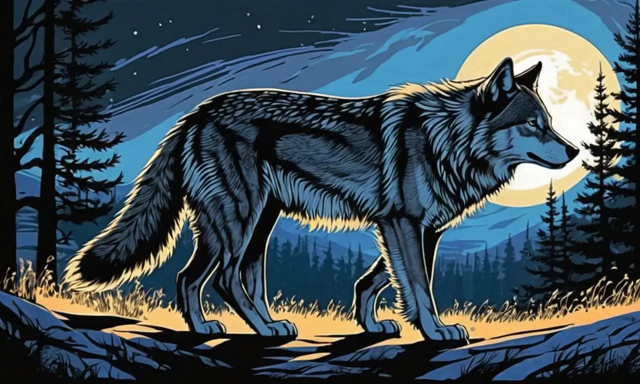 Una silueta de lobo, sombras profundas, furia suave, elementos naturales, y un aura mística crean un ambiente armonioso