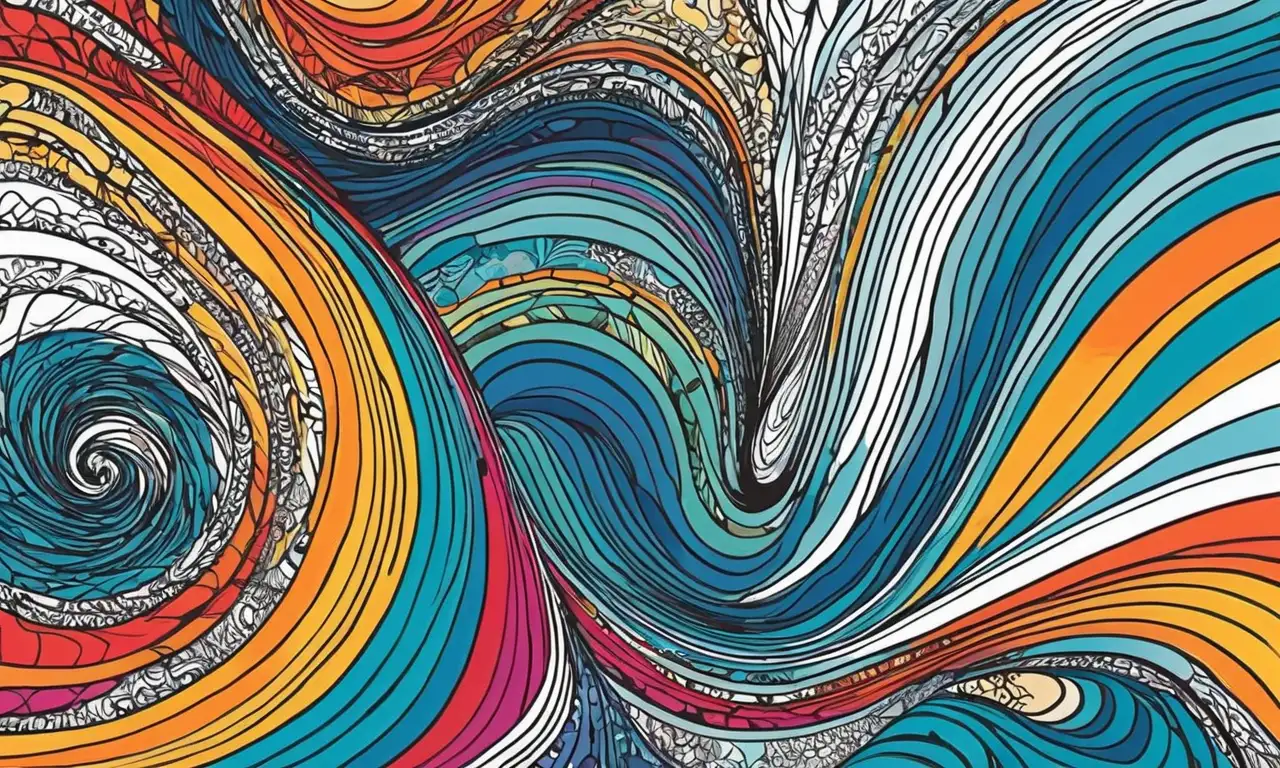 Composición artísticamente dinámica que integra líneas audaces, gradientes suaves y texturas para representar la actividad sísmica y su medición