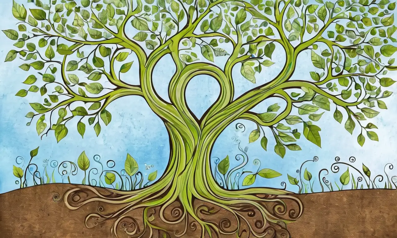 Un árbol vibrante con raíces intrincadas, hojas delicadas y un fondo armonioso de elementos naturales