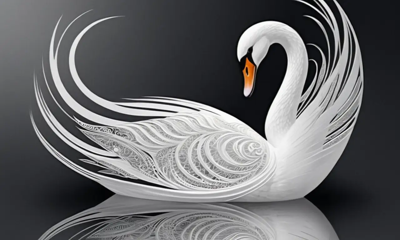 Un cisne elegante se despliega en un entorno místico, fusionando luz y sombras con un simbolismo espiritual
