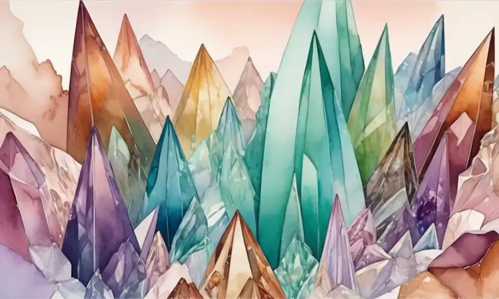 Cristales de cuarzo vibrantes con formas angulares y texturas suaves en un fondo pastel armonioso