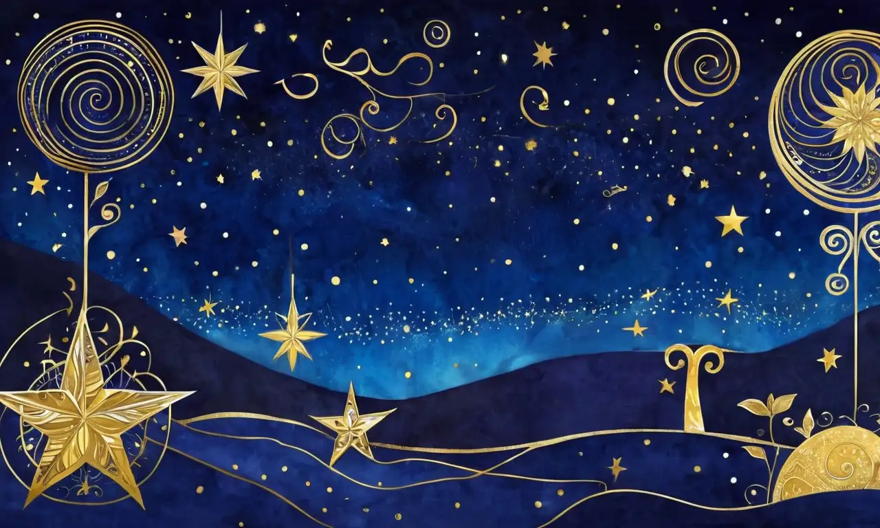 Un diseño celeste con constelaciones en tonos navy y dorado, galaxias de fondo y simbología zodiacal compleja