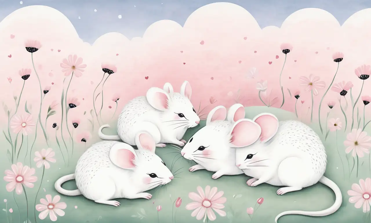 Ratones blancos delicados en un paisaje onírico, con suaves texturas y detalles intrincados