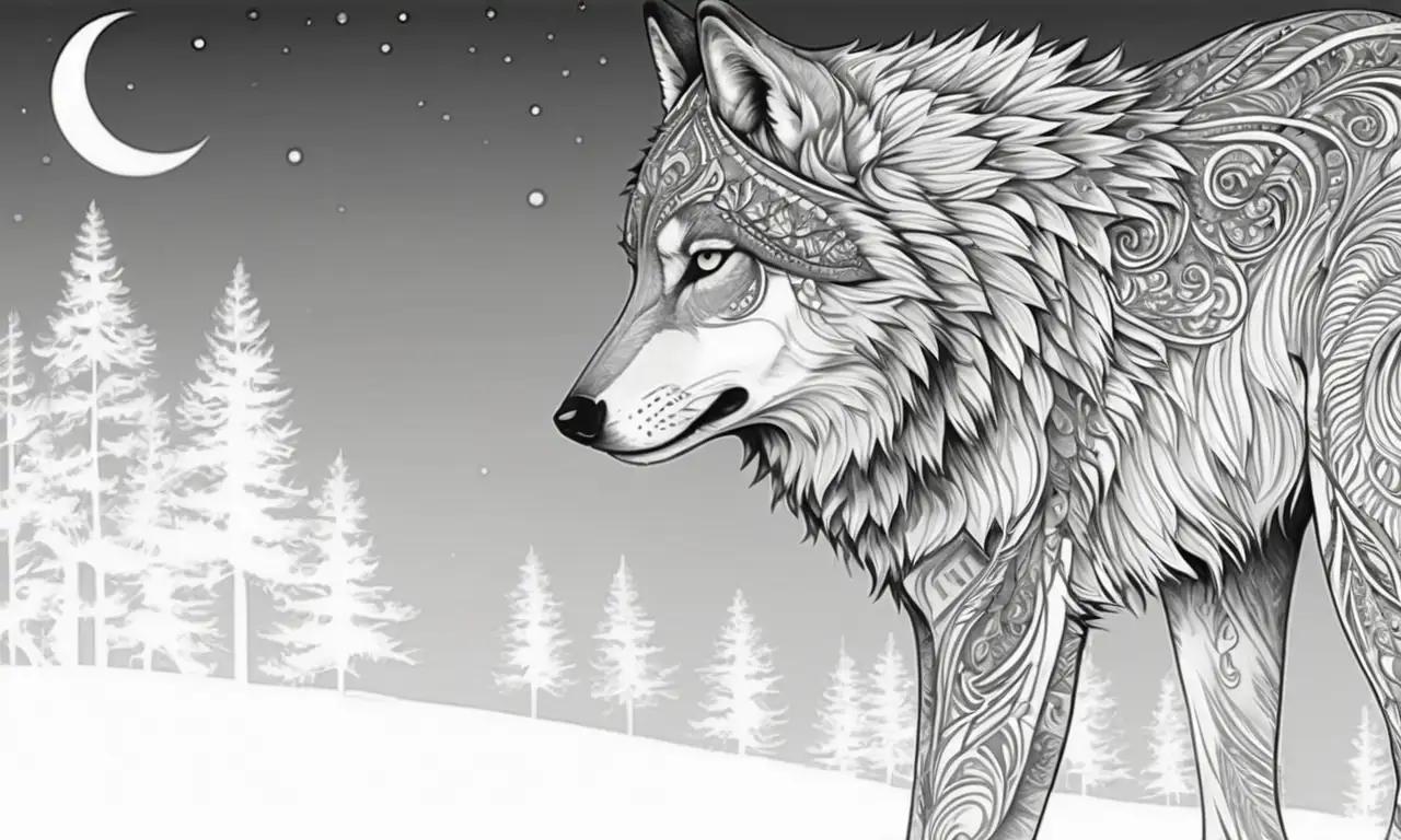 Un lobo majestuoso resalta en un arte detallado lleno de sombras, contrastes, texturas y patrones que evocan la naturaleza salvaje