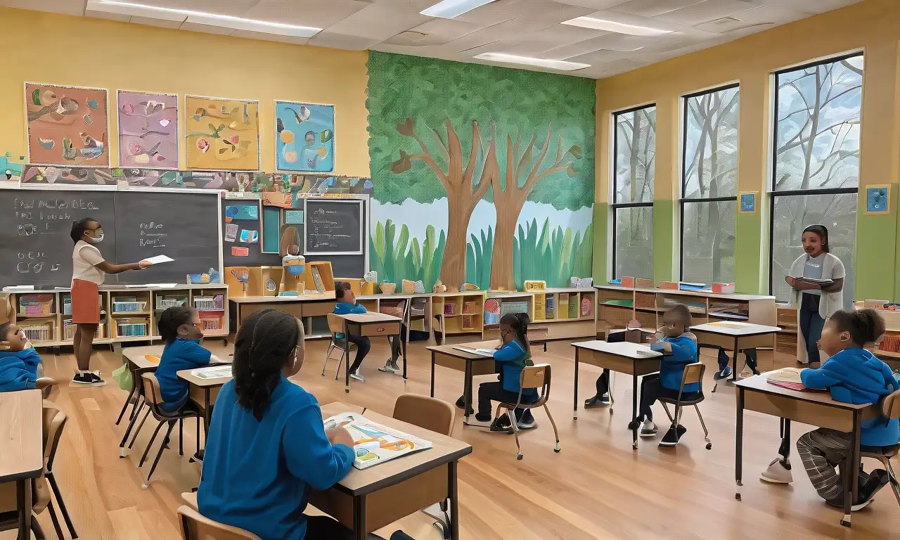 Escena de aula vibrante con luz cálida, expresiones diversas y una composición armoniosa