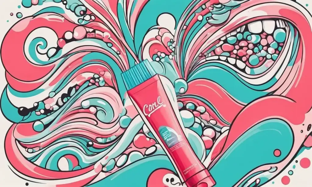 Ilustración colorida y dinámica de un proceso de cepillado dental con personajes divertidos y elementos detallados