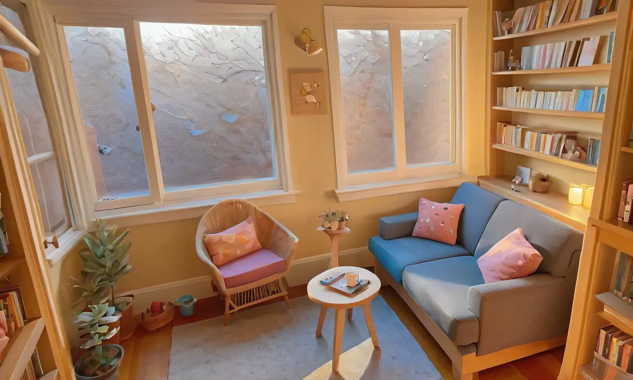 Una habitación acogedora llena de libros, luz cálida, una taza de té, y lectores animados compartiendo ideas