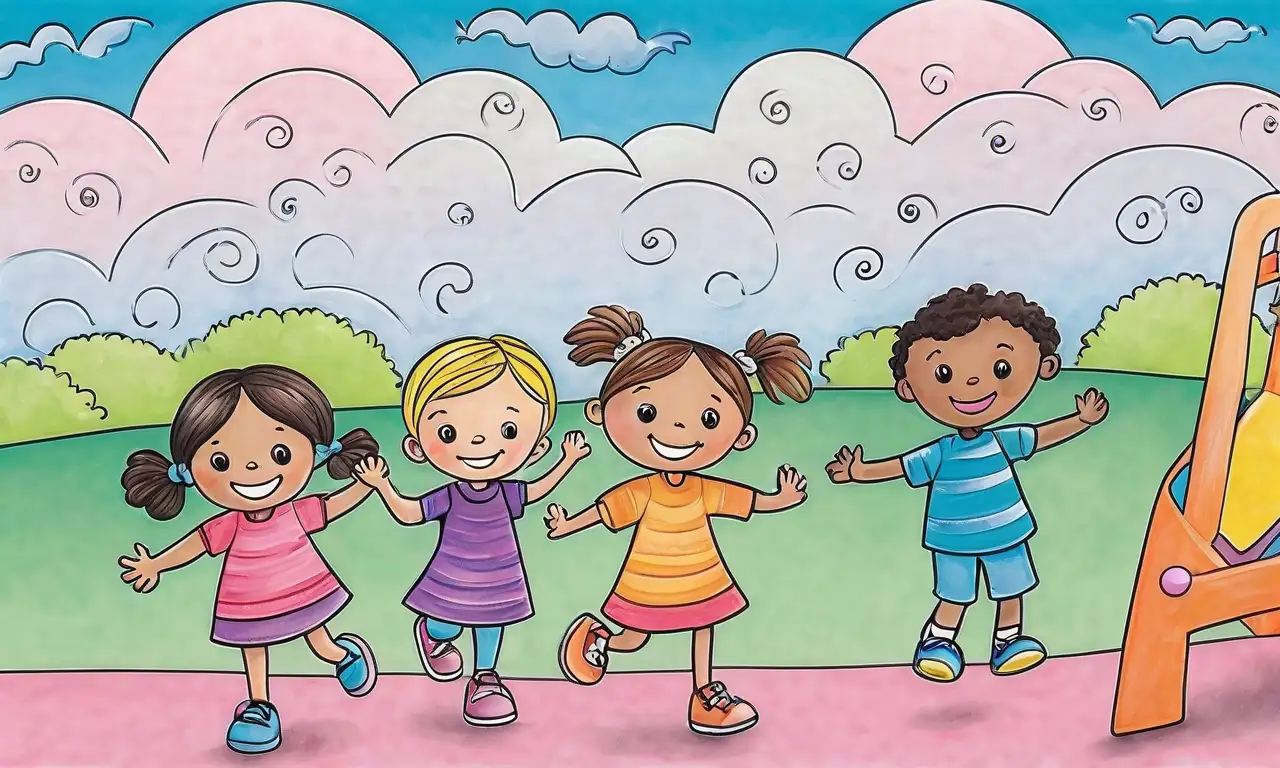Un vibrante fondo pastel muestra niños en movimiento con expresiones diversas, destacando texturas y contrastes para crear una composición dinámica