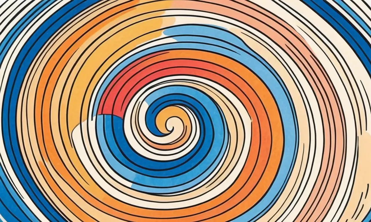 Líneas curvas y sombras crean una ovalada composición rica en texturas y colores vibrantes