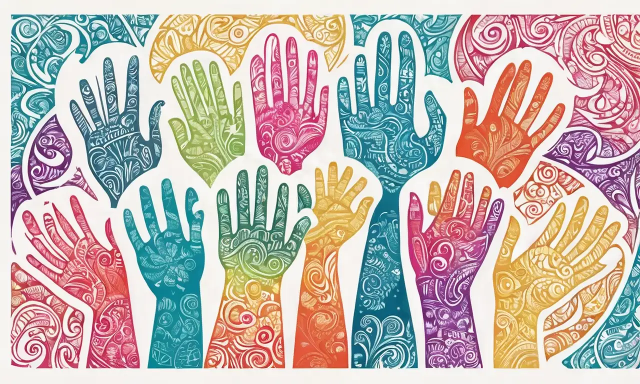 Dibujo enérgico de manos en lengua de signos, colores vibrantes y texturas suaves que representan la diversidad y la conexión