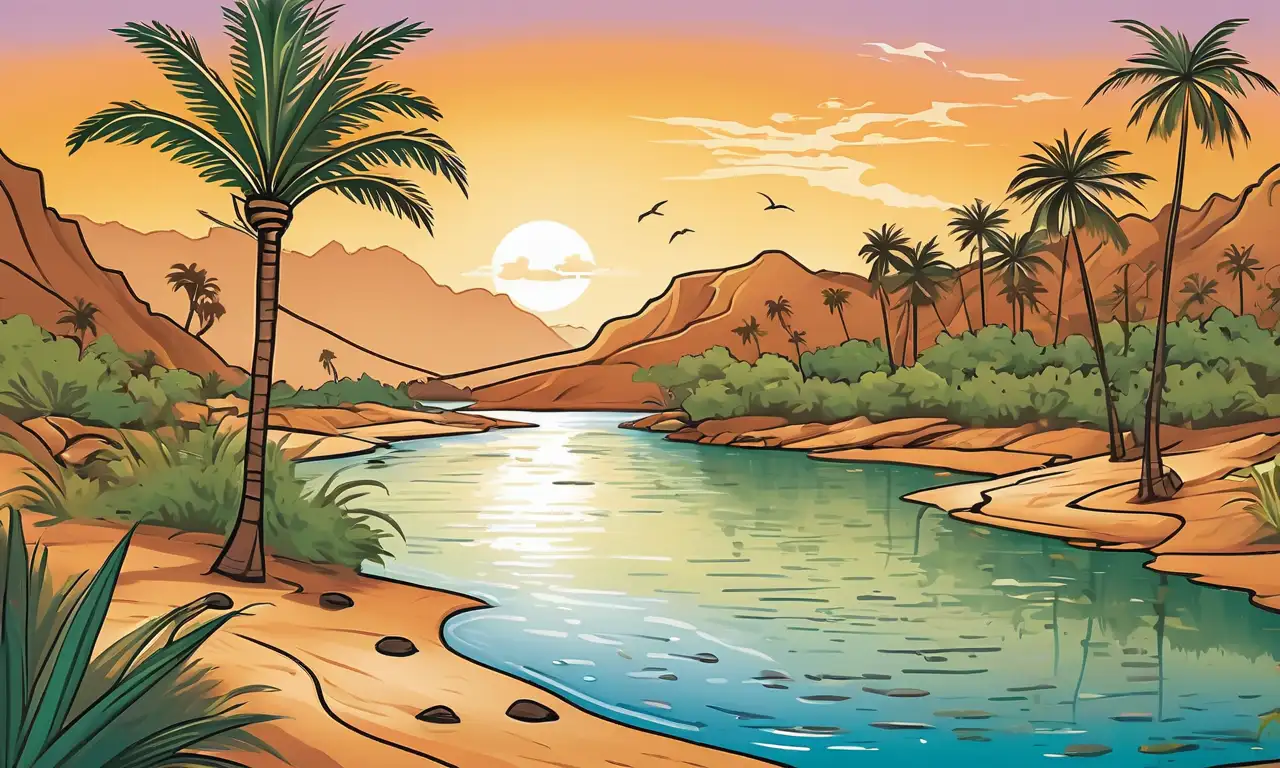 Líneas fluidas y colores contrastantes representan el serpenteante río Nilo y su paisaje vibrante