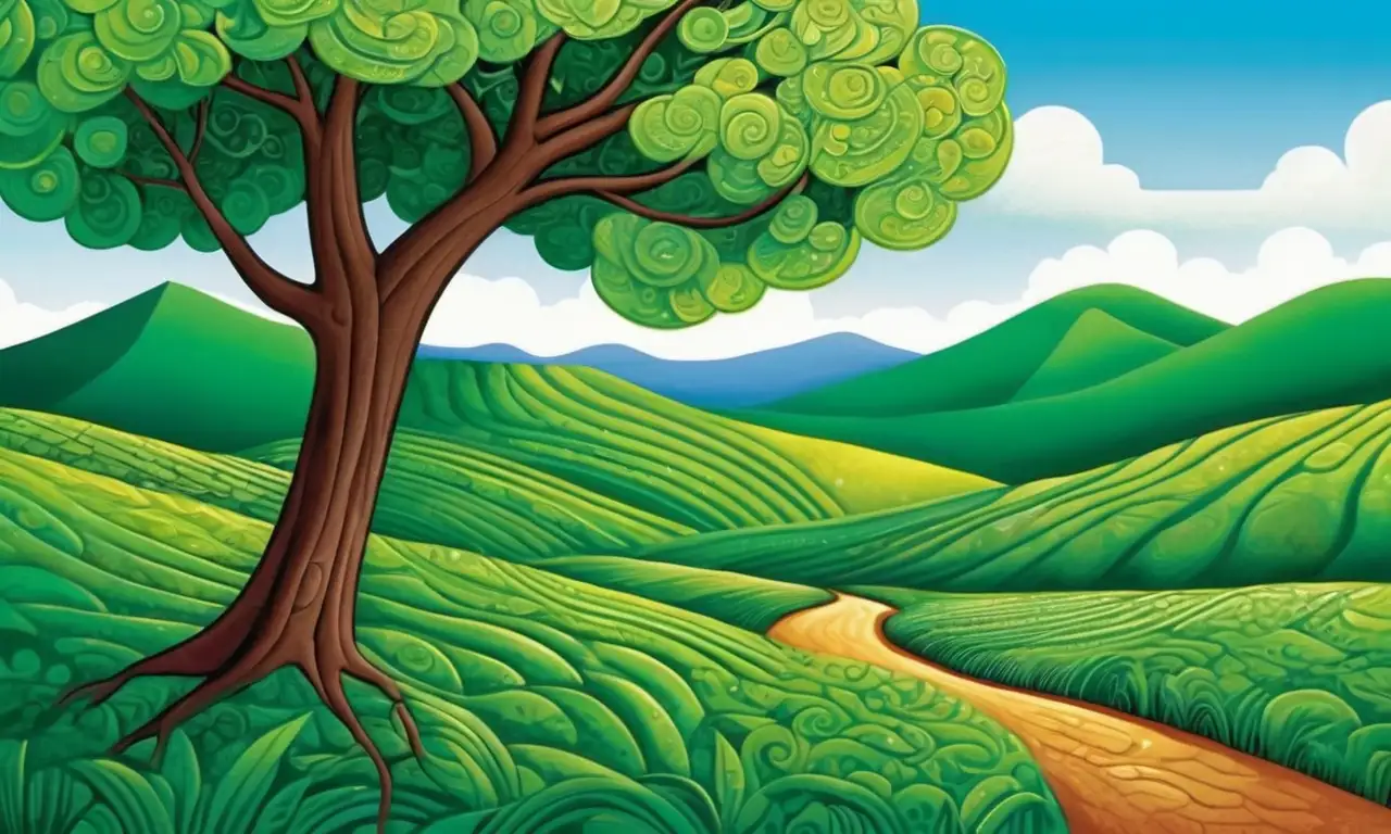 Un paisaje armónico de campos verdes, colinas suaves y vibrantes colores representa el crecimiento y la vitalidad