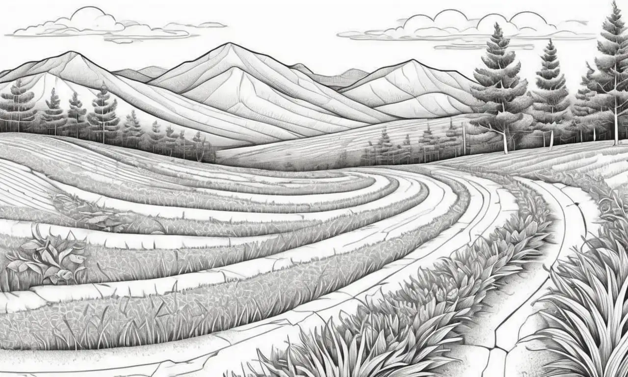 El complejo paisaje se define por líneas intrincadas, contrastes de ángulos y sombras que crean profundidad y dimensión