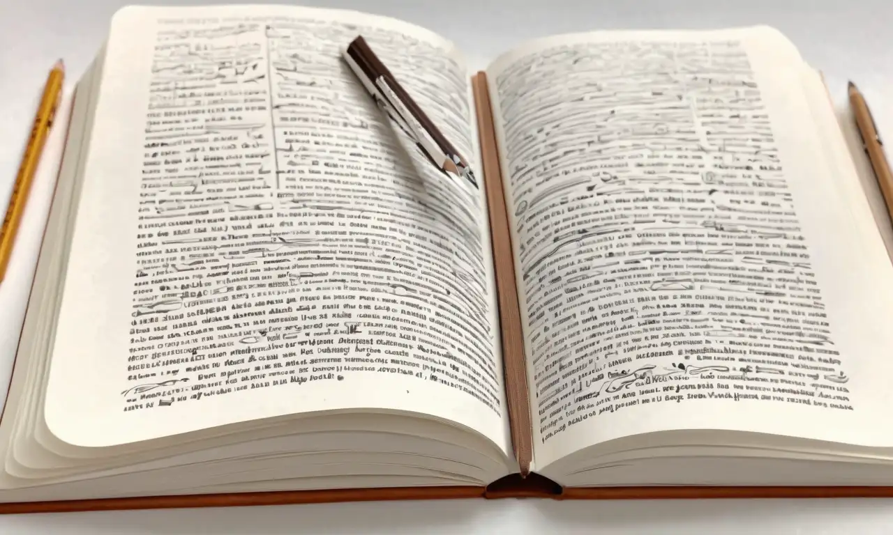 Un libro abierto con sombras suaves, páginas blancas y notas dibujadas en un fondo texturizado