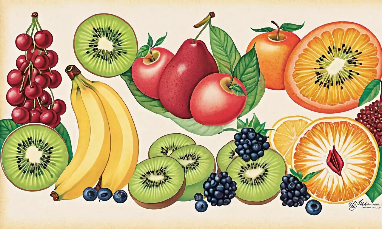 Frutas brillantes y coloridas en una disposición suave y cálida, destacando frescura y texturas