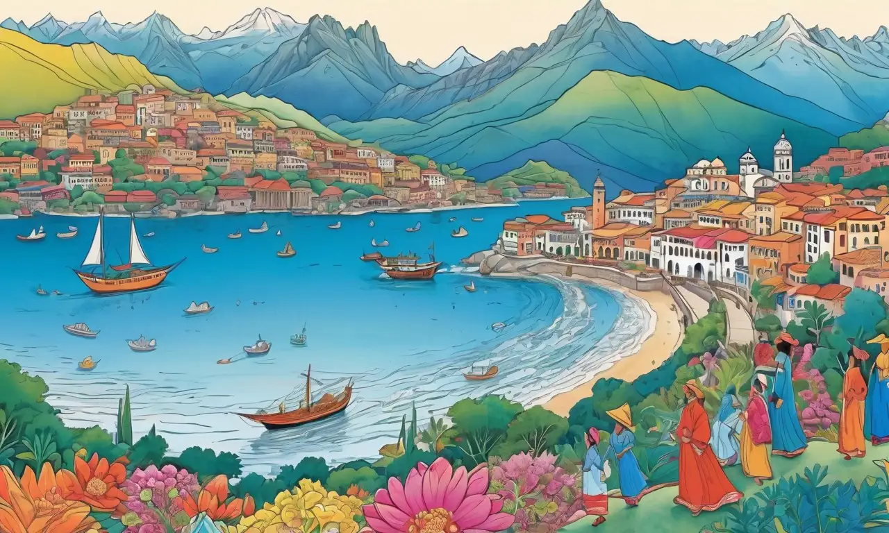 Ilustración de cinco continentes con colores vibrantes, símbolos culturales y texturas que evoca diversidad y armonía