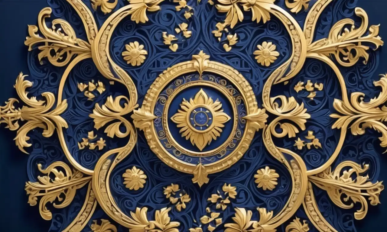 El escudo de armas destaca por su complejidad, colores ricos y detalles ornamentales que simbolizan la tradición y el patrimonio